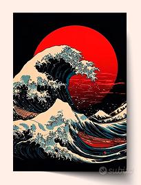 Hokusai Kanagawa Wave Red Sun Decorative Print