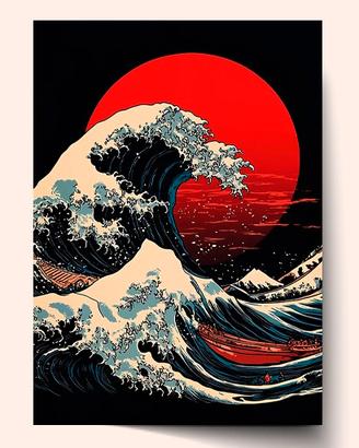 Hokusai Kanagawa Wave Red Sun Decorative Print