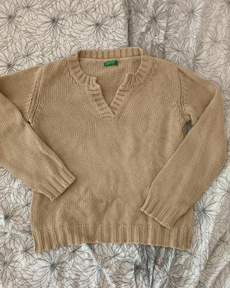 Maglione scollo a V Benetton beige donna