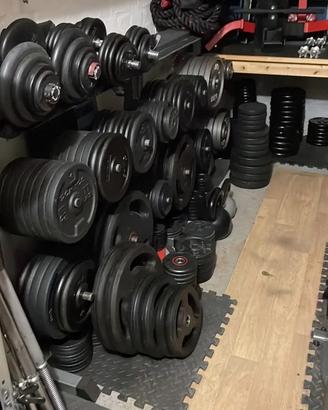 Dischi, bilancieri, manubri. Attrezzi palestra.