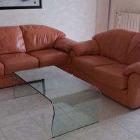 Divani in pelle, tavolino in cristallo, piantana