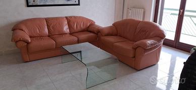 Divani in pelle, tavolino in cristallo, piantana