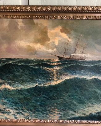 Dipinto a olio su tela veliero in alto mare senza