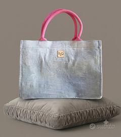 Borsa tote BLQ jacquard celeste manici fucsia