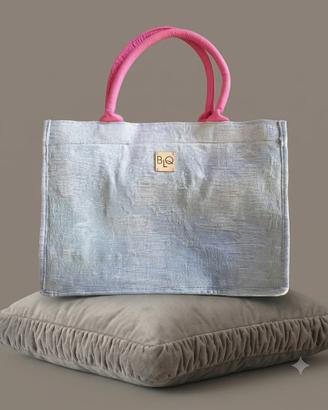 Borsa tote BLQ jacquard celeste manici fucsia
