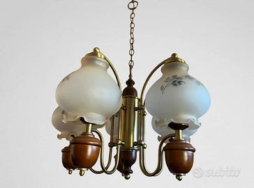 Lampadario 5 luci vintage ottone e legno