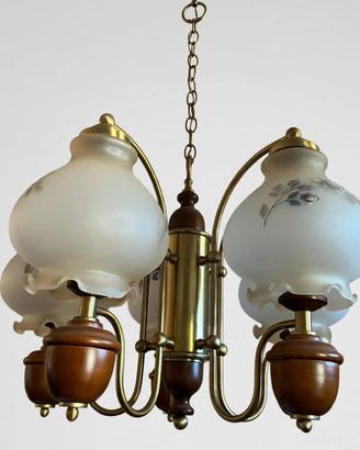 Lampadario 5 luci vintage ottone e legno