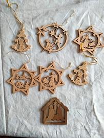 7 addobbi albero in legno, tema presepe/cristiano