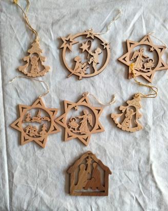 7 addobbi albero in legno, tema presepe/cristiano