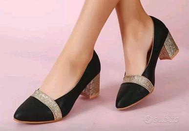 Scarpe da donna con tacco largo nere e brillantini