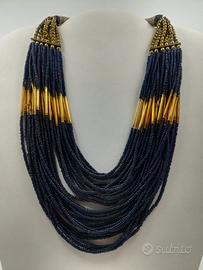 Collana perline vetro blu e dorato