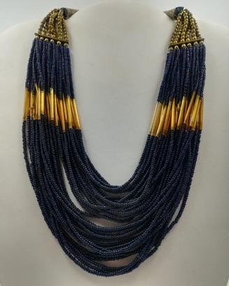 Collana perline vetro blu e dorato