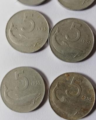 6 monete Rep. Italiana da lire 5 anno 1955