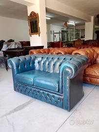 Divano chesterfield blu originale inglese vintage 