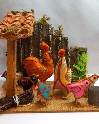 Pollaio 7 Galline Antiche Giocattolo Gallo Pulcini