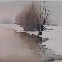 dipinto con acquerelli. Paesaggio invernale con ri