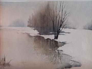 dipinto con acquerelli. Paesaggio invernale con ri
