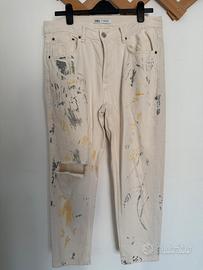 Jeans bianco panna strappato verniciato