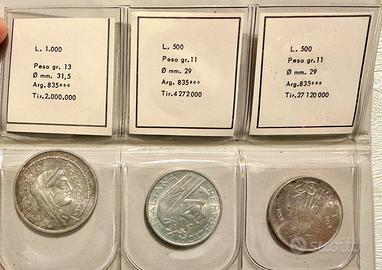 3 Monete d’argento 1000lire e due 500 lire