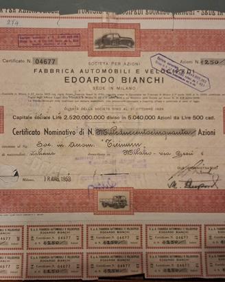TITOLO AZIONARIO EDOARDO BIANCHI MAGGIO 1953