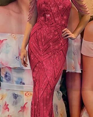 Abito lungo in micropaillettes Corallo con perline