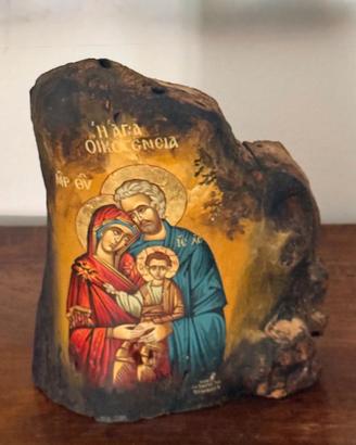 Icona Artigianale Sacra Famiglia su Tronco Albero
