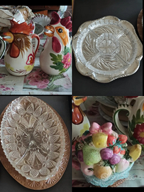 Insieme brocche galletto, frutta e portaantipasti