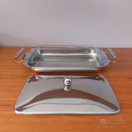 Pirofola in vetro pyrex e vassoio in acciaio inox 