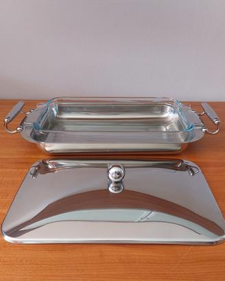 Pirofola in vetro pyrex e vassoio in acciaio inox 