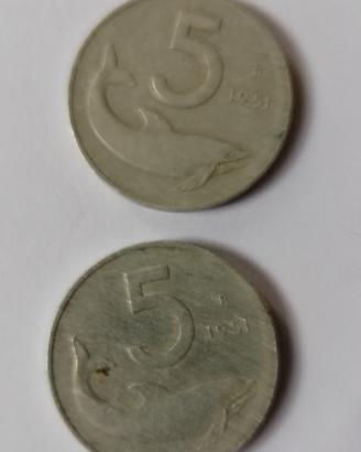 2 monete Rep. Italiana usate  lire 5 anno 1951