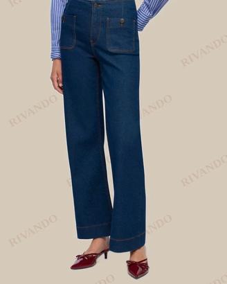 Jeans donna dark wide-leg con tasche a toppa