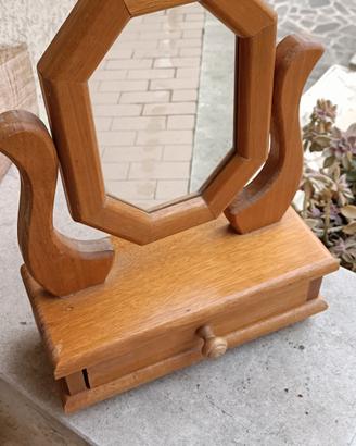 specchio da tavolo in legno vintage con cassetto p