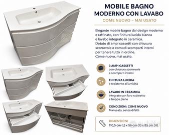 Mobile Bagno Moderno 110,5 cm Bianco con Lavabo