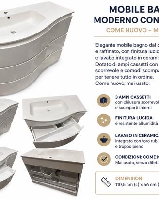 Mobile Bagno Moderno 110,5 cm Bianco con Lavabo