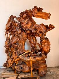 Scultura Cinese in Legno - Buddha e 9 Carpe Koi