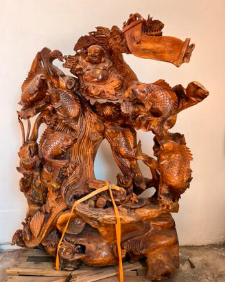 Scultura Cinese in Legno - Buddha e 9 Carpe Koi