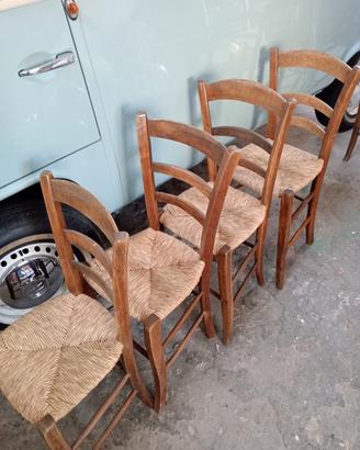 9 sedie rustiche, paglia e legno 