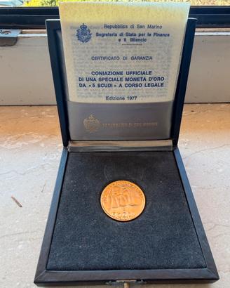 Moneta d’oro 5 scudi Repubblica di San marino 1977