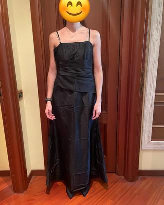 Abito lungo nero in raso di seta misura 46