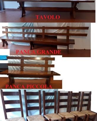 Tavolo, sedie e panche per taverna.