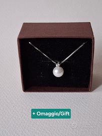 Collana argento 925 perla sintetica, zirconia 40cm