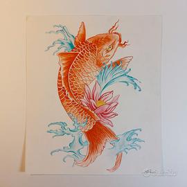 Acquerello Carpa Koi con Fiori di Loto