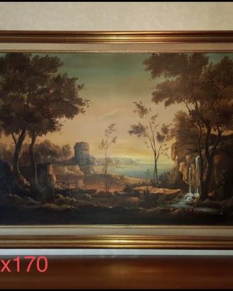 Quadro olio su tela castello bosco cascate mare