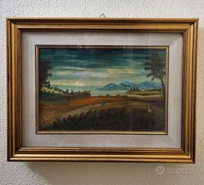 Quadro paesaggio a tempera con cornice legno oro