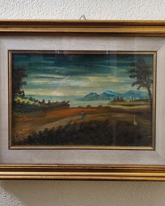 Quadro paesaggio a tempera con cornice legno oro