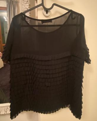 T-shirt donna, nera con balze e trasparenze