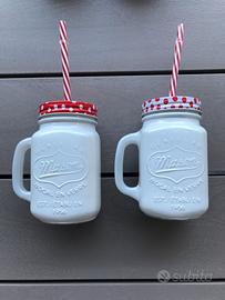 Set 2 barattoli vetro bianchi con cannuccia