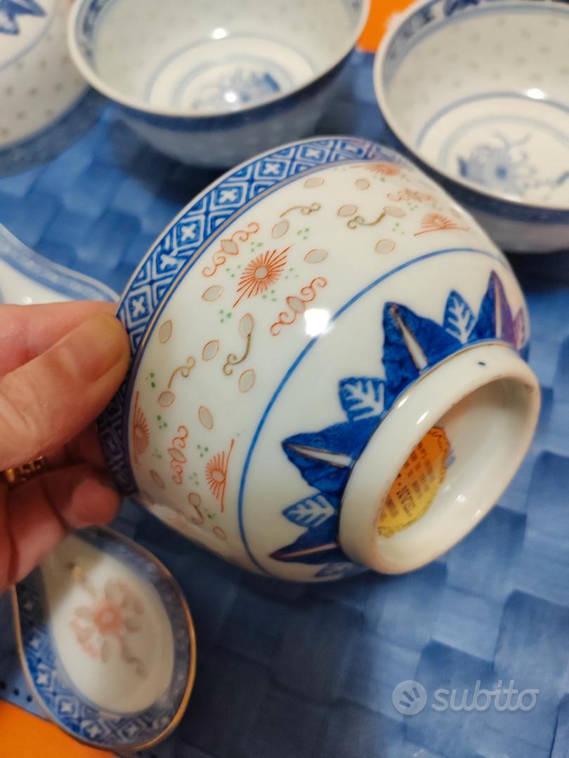 Set 4 Ciotole Riso In Porcellana Blu Cobalto Con Cucchiai Cinesi - Stile Dinastia Ming - Foto 3