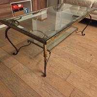 Tavolino antico in ferro battuto e cristallo