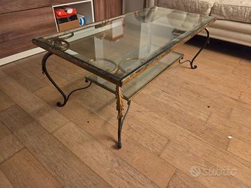 Tavolino antico in ferro battuto e cristallo